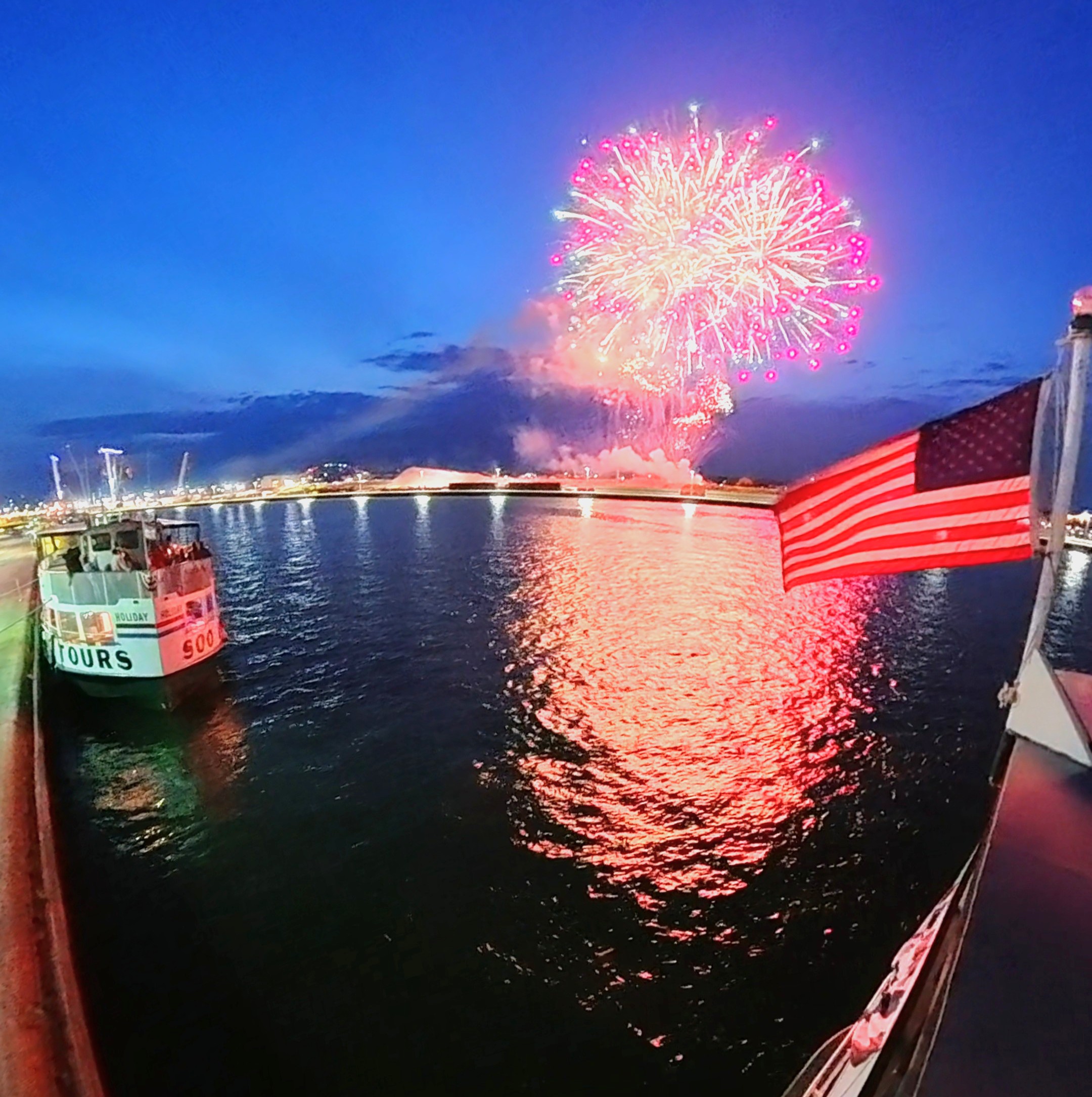 Fireworks over the Soo Locks in Sault Ste. Marie, Michigan from of the Bide-A-Wee Original Soo Locks tour boat.