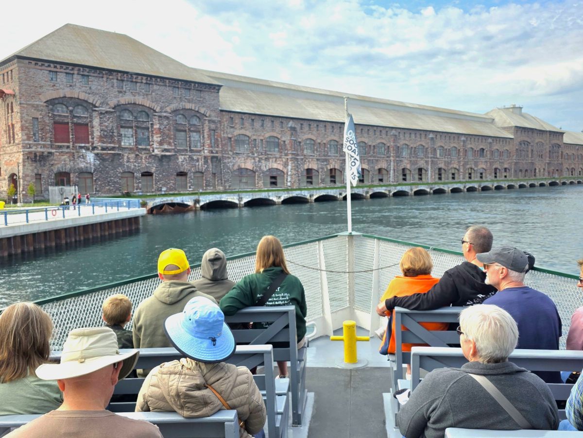 Tour boat passing the Cloverland Hydro Plant in Sault Ste. Marie